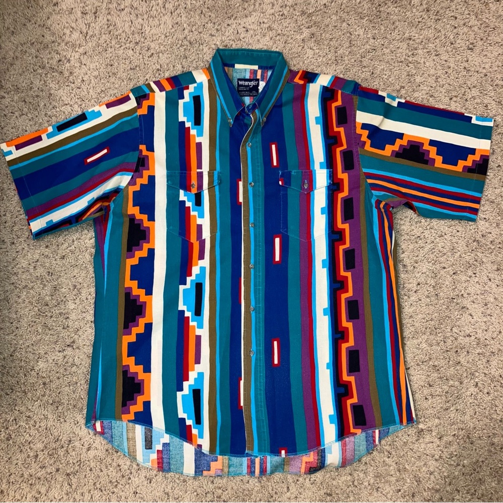 Vtg WRANGLER BRUSHPOPPER Shirt Cowboy Cut X-LONG TAILS - Sz 17.5 Made in USA